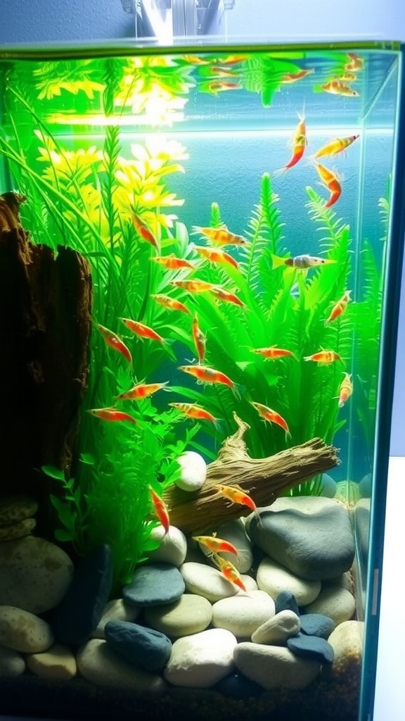 Creating a Thriving 8-Gallon Shrimp Tank A beautifully arranged 8-gallon shrimp tank with plants and shrimp.